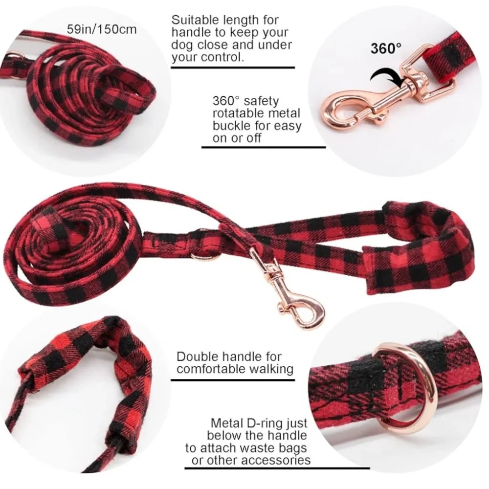 Buffalo Plaid Dog Collar Leash Set Medium Red Black 4 Piece NWT